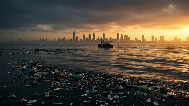 Polluted ocean with trash floating near a city skyline at sunset.