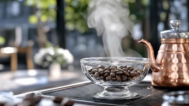 Coffee, freshly roasted, emitting aromatic vapor, preparing delicious warm drink, morning beverage ingredient, invigorating wake up element, stimulating energy source, natural caffeine.