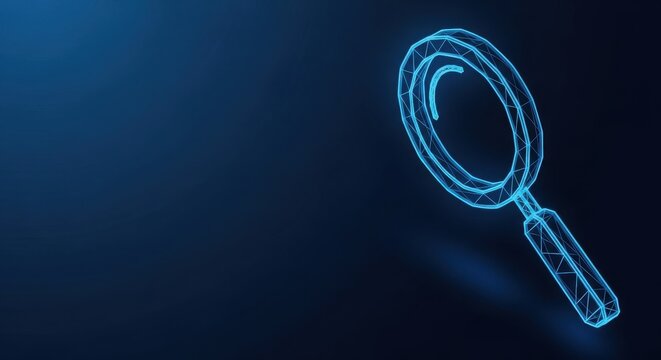 Glowing blue futuristic wireframe ring hovering in dark digital space, representing technological innovation and energy.