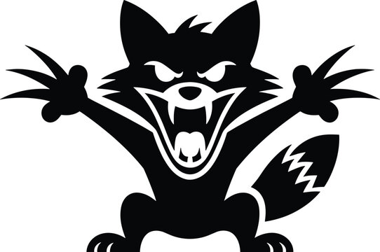 wolf, cartoon, silhouette, black, angry, sharp teeth, claws, aggressive, animal, mammal, white background, fur, tail, sharp, teeth Black silhouette of an angry cartoon wolf with sharp teeth and claws