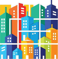 Naklejka premium Cityscape graphic illustrates a colorful urban architectural grid with modern buildings.