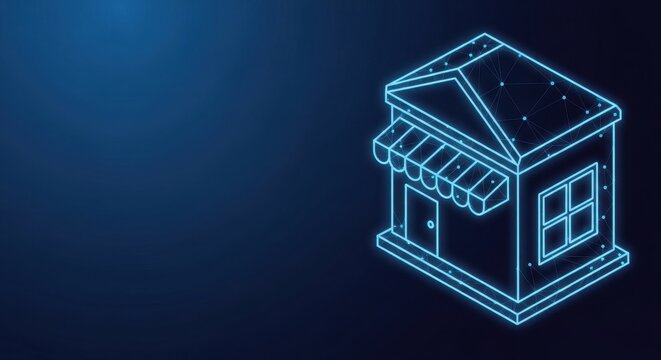 Neon outline of a small business store with awning and door, glowing on dark blue background