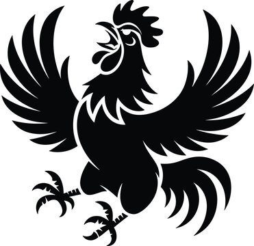 rooster, angry rooster, black silhouette, flat eps10, bird, poultry, fowl, animal, aggressive rooster, spread wings, claws, white background, bla Black silhouette of an angry rooster with spread wings