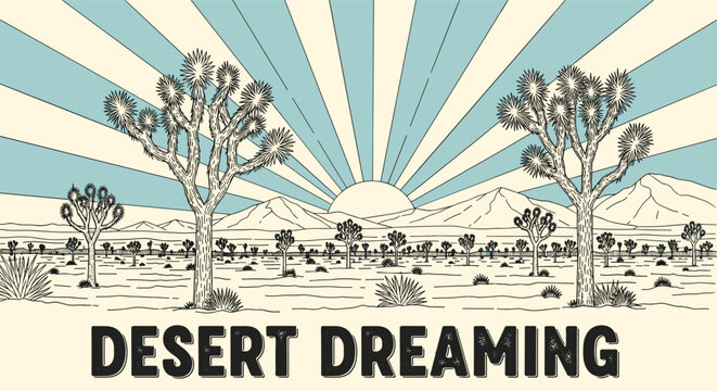 Scenic desert landscape illustration with stylized Joshua trees mountains and a bright rising sun with blue and cream rays in a vintage style.