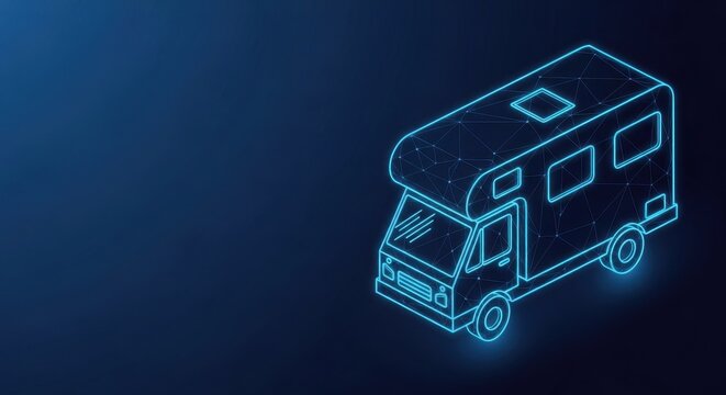 Stylized Neon Wireframe Motorhome Illustration on Dark Blue Background for Travel and Adventure