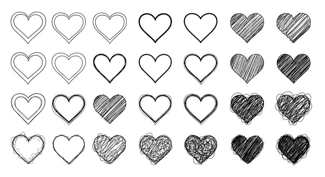 Grid of diverse hand drawn heart shapes ranging from simple outlines to complex scribbles and solid black fills for art.