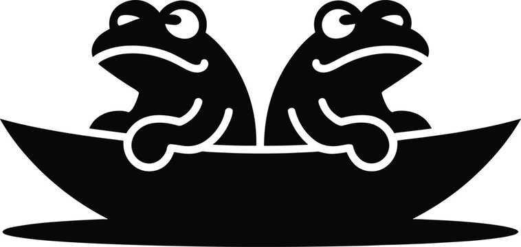 frogs, black, silhouette, boat, flat white background, amphibians, animals, cartoon, simple, eps10, sitting, side Two black frogs sitting in a black boat, side by side
