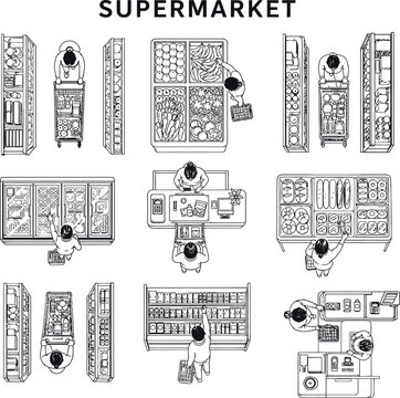 Supermarket store layout top view vector illustration shopping shelves shoppers grocery carts products checkout area retail floor plan environment architectural design grocery shopping.