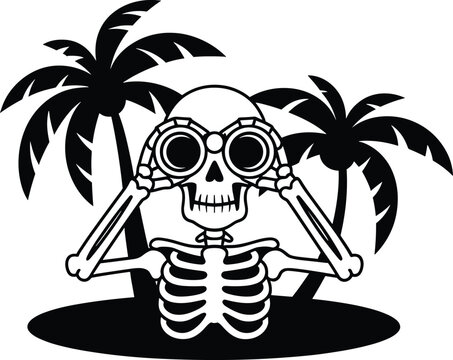 skeleton, black, silhouette, goggles, palm trees, tropical, beach, vacation, summer, skull, bones, eps10, white background, smiling,  Black silhouette of a smiling skeleton wearing goggles, palm trees
