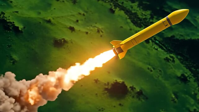 A bright yellow missile launching with a fiery thrust and smoke against a green background.
