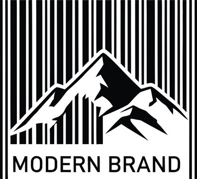Mountains logo design features a jagged peak silhouette integrated with vertical bar code stripes.