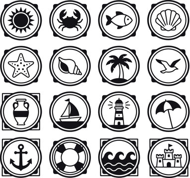 Summer marine symbols set vector illustration coastal elements icons collection nautical decorations sea life motifs beach vacation items emblem designs simple graphic style pack isolated.