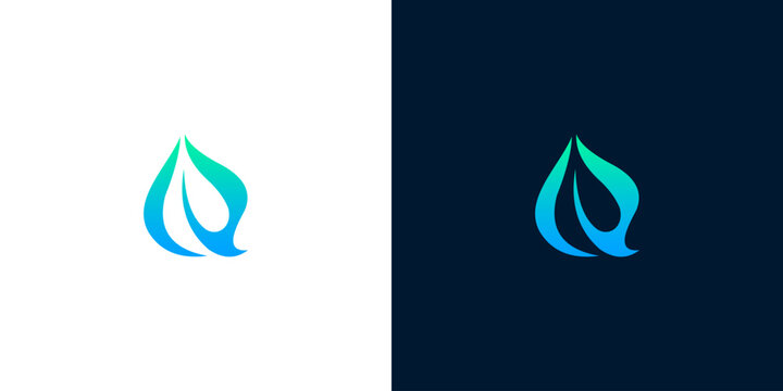 Abstract blue flame shape logo representing energy and innovation on white and dark backgrounds
