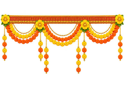 Traditional Indian Toran garland with marigold flowers and beads for festive decor isolated on transparent background