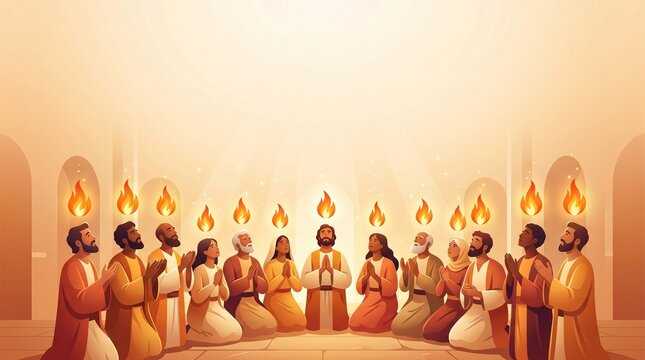 Spiritual Pentecost presentation background with minimalist silhouettes of people kneeling in prayer under a powerful beam of divine golden light and fire.