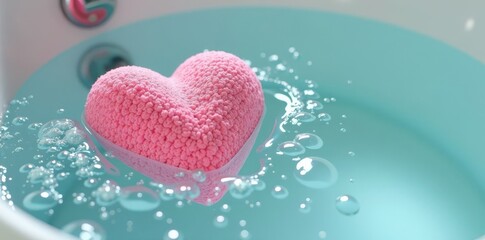 Fototapeta premium Heart-shaped sponge in a bathtub, surrounded by bubbles and water droplets , heart shaped sponge, soap