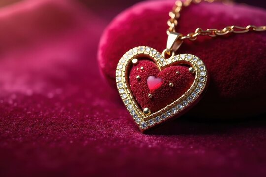 Heart-shaped pendant necklace with intricate details on a velvet background , commitment, love