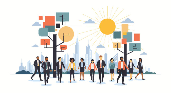 Diverse professionals walking through a modern city with abstract geometric elements and a bright sun, symbolizing community, collaboration, and future.