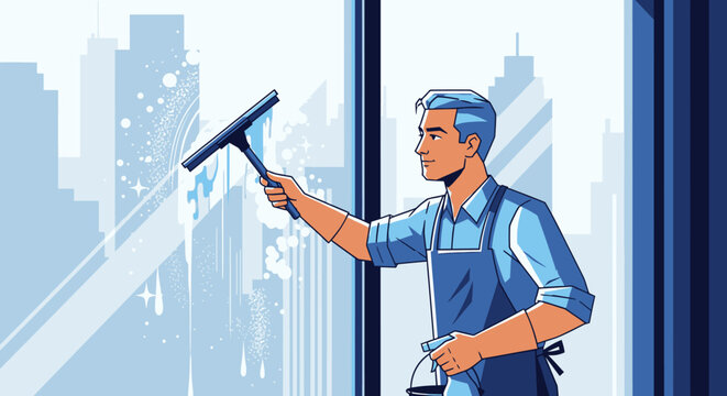 Man cleaning window with a squeegee with city background illustration
