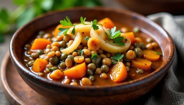 Hearty lentil stew with caramelized onions in a rustic ceramic bowl, rustic bowl, caramelized onions