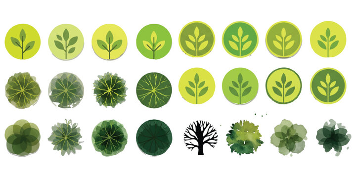 Set of green tree icons and leaves for landscape design and architectural plans
