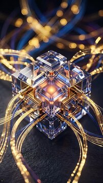 Advanced quantum processor module glowing with energy, intricate data transfer across future technology infrastructure, symbolizing complex laboratory computing research development.