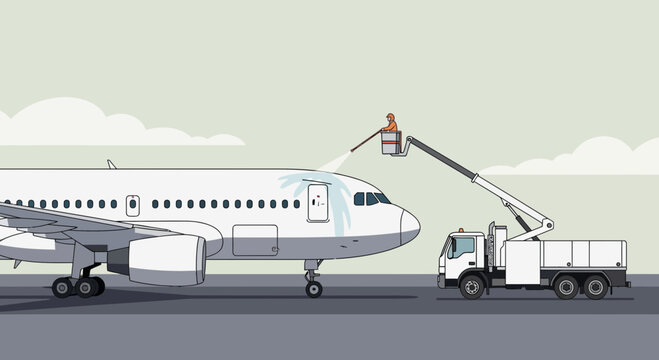Airplane cleaning service on airport tarmac with cherry picker truck