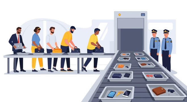 Airport Security Checkpoint: People and Luggage on Conveyor Belt