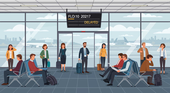Airport terminal with passengers waiting due to delayed flight, travel disruption