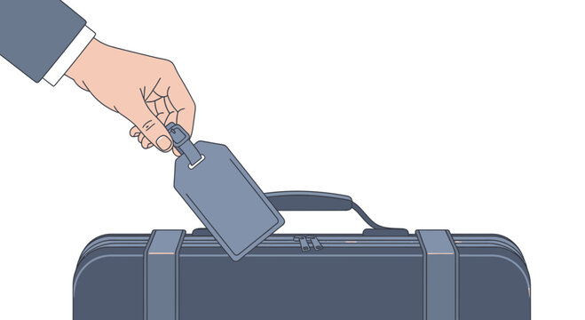 Business trip, Hand attaching luggage tag to suitcase, travel concept