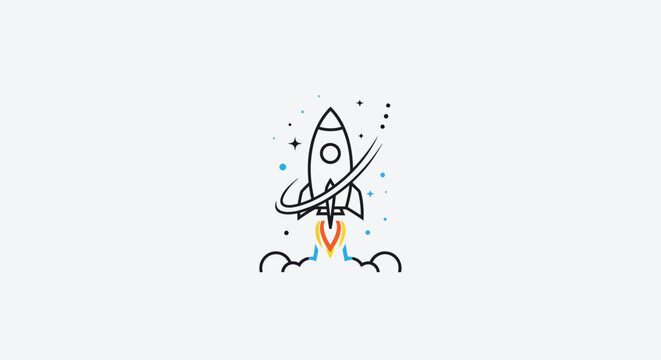 Minimalist line art rocket ship launching on white background