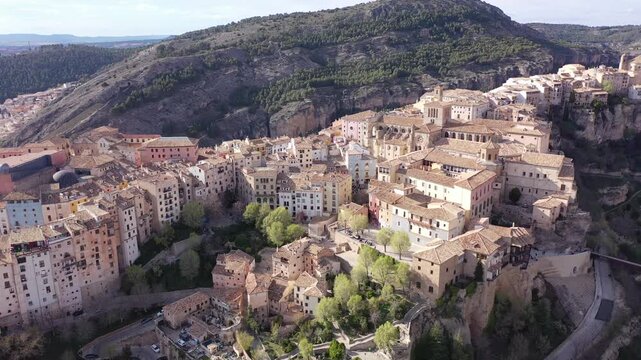 Picturesque aerial view of old Spanish town of Cuenca called city of hanging houses