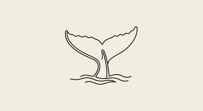 Minimalist line art whale tail diving into ocean waves