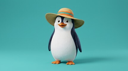 Obraz premium Cute 3D cartoon penguin wearing straw summer hat smiling on turquoise blue background