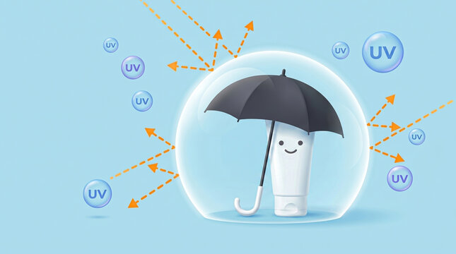 Dermatological Defense Concept showing a smiling sunscreen character protected by an umbrella and bubble shield reflecting harmful ultraviolet rays.