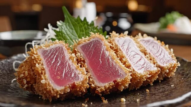 Close up view of perfectly seared tuna steak cutlets in a breadcrumb crust on a dark plate, Japanese cuisine