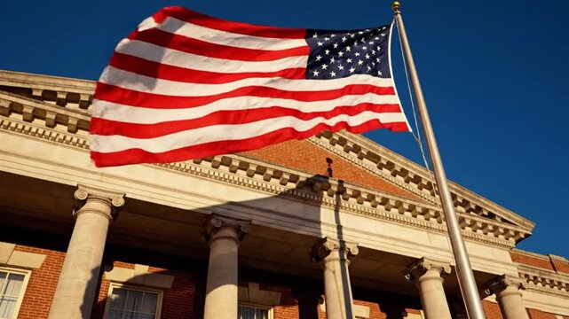 American flag waving in front of a historic brick courthouse