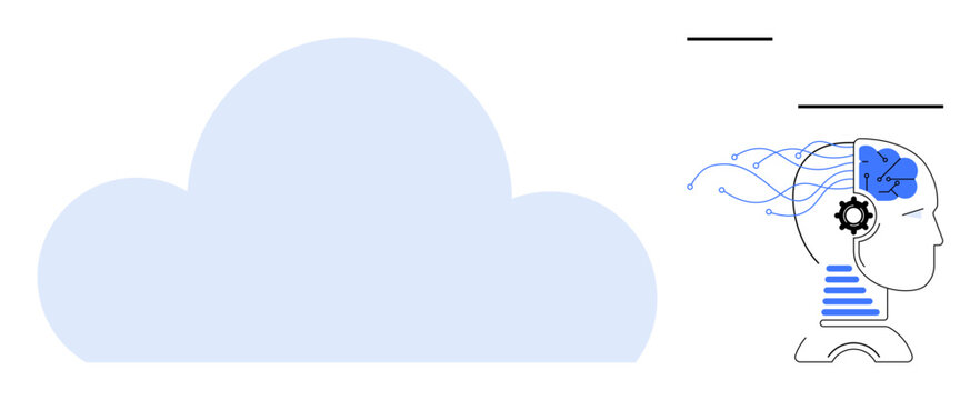 Artificial intelligence, cloud computing, technology integration, cognitive science, machine learning, data flow. Human head with gear and brain connected to a cloud. AI and cloud computing concept
