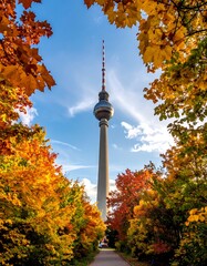 Obraz premium A tall tower with colorful trees