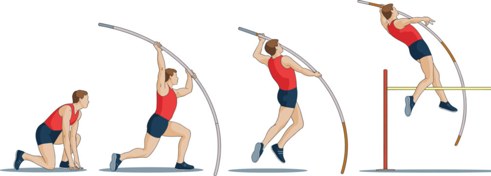 Pole vault sequence vector illustration showing athlete jumping with pole, dynamic motion stages, and professional sports artwork