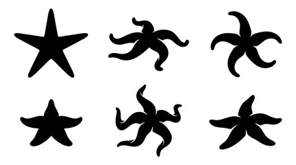 Obraz premium starfish silhouettes in top view, solid black shapes.