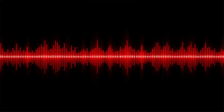 Vibrant red sound wave on a dark digital equalizer backdrop representing a modern music technology frequency pulse