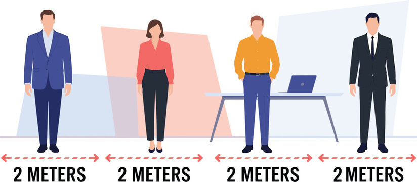 Vector illustration of people standing two meters apart with arrows showing safe physical distancing guidelines
