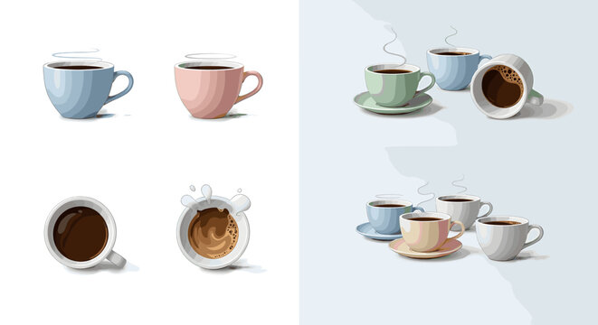 A collection of various coffee cups, some filled with coffee and others with frothy milk, presented in different artistic styles.