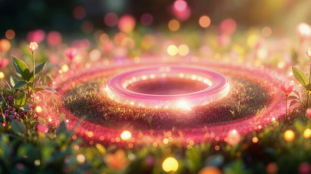 Ethereal energy streams converge into a glowing circular portal amid a magical flower field