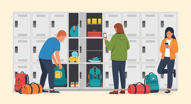 Teenagers at School Lockers Organizing Backpacks and Sports Bags