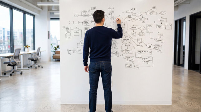 Startup Founder Whiteboard Sketch Back View No Face Business Plan Marker Office