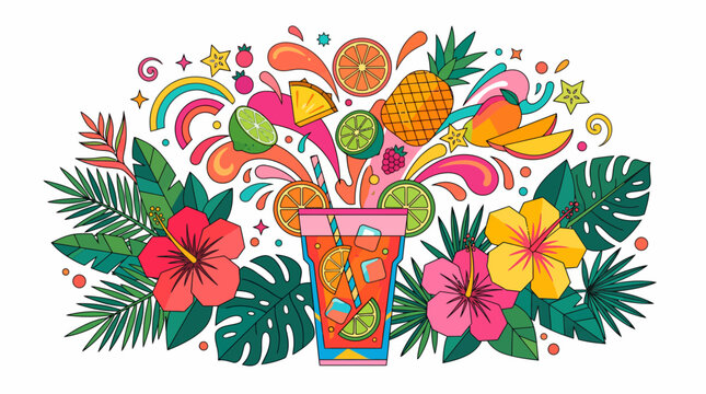 Summer Tropical Cocktail Vector Illustration with Exploding Fresh Fruits and Hibiscus Flowers
