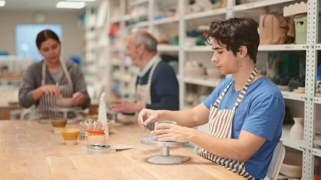 Man at table molds cup from wet clay in a pottery workshop. High quality 4k footage
