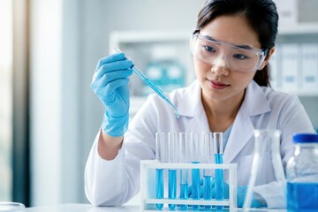 Fototapeta premium Female Scientist Conducting Laboratory Research with Test Tubes and Pipette